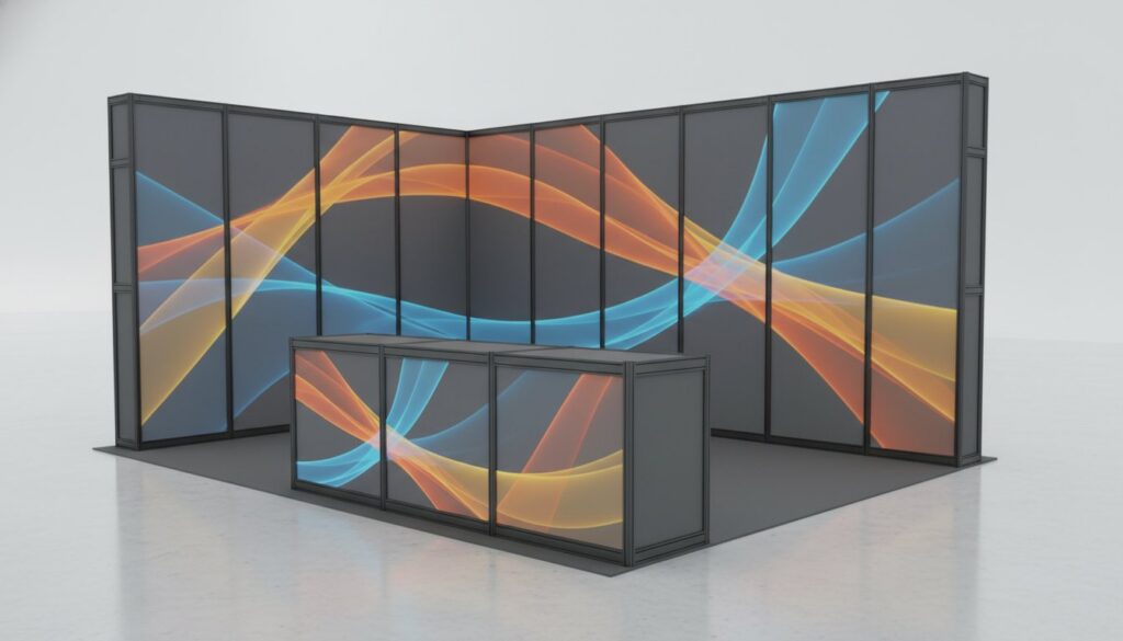 Modular SEG light box trade show booth with backlit graphics and reception counter in corner configuration