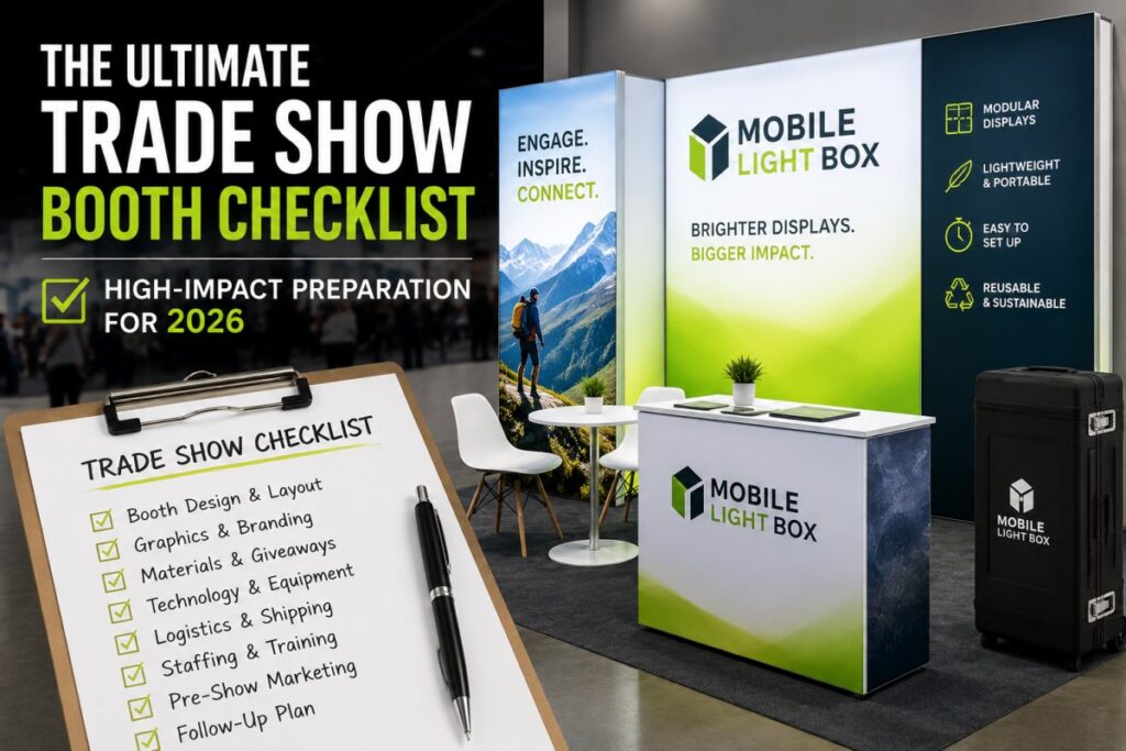 Trade show booth checklist with portable SEG light box displays and modular backlit exhibit setup for 2026