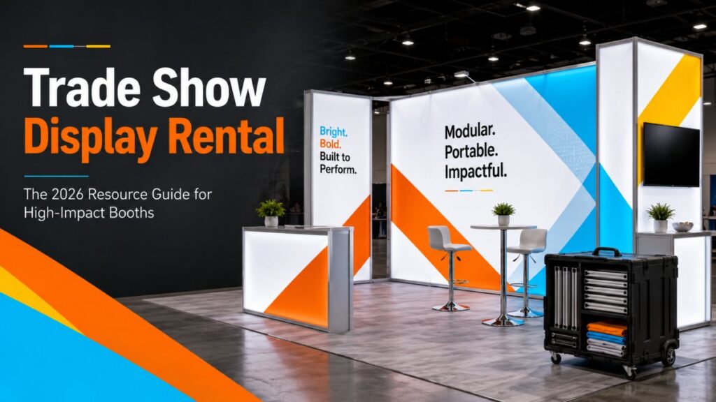 Modular trade show display booth with backlit SEG light box panels and portable storage case at convention center