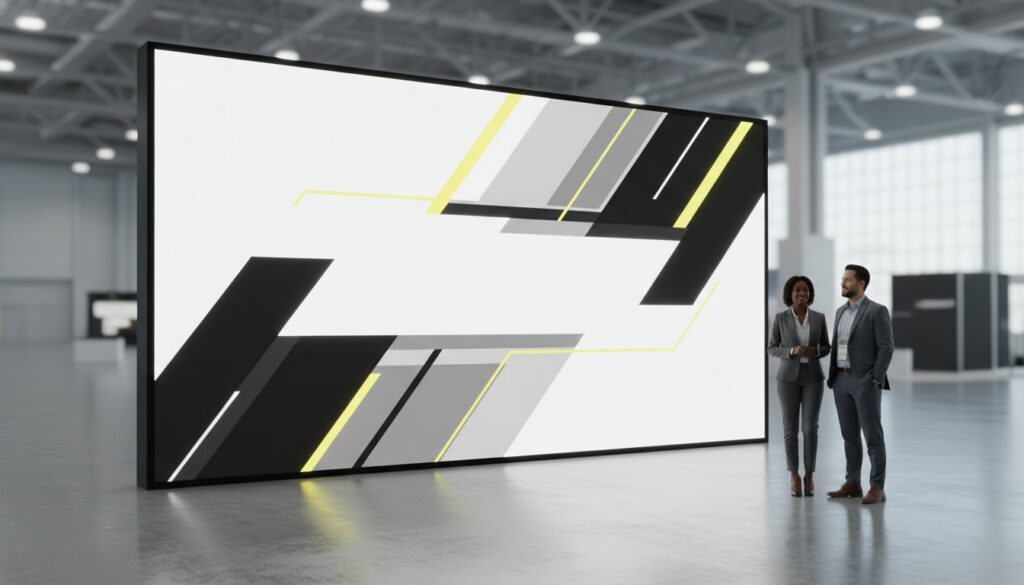 Large modular SEG light box display with geometric graphics in corporate trade show environment