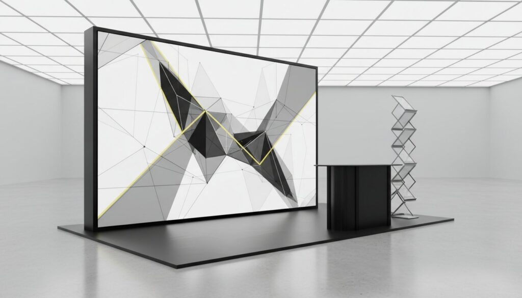 Large modular SEG light box display with geometric graphics at trade show booth with black counter and literature rack