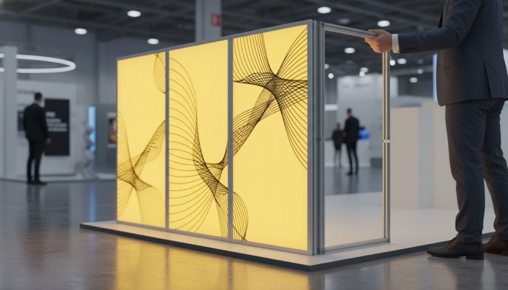 Modular SEG light box display with yellow backlit graphics at trade show exhibition hall