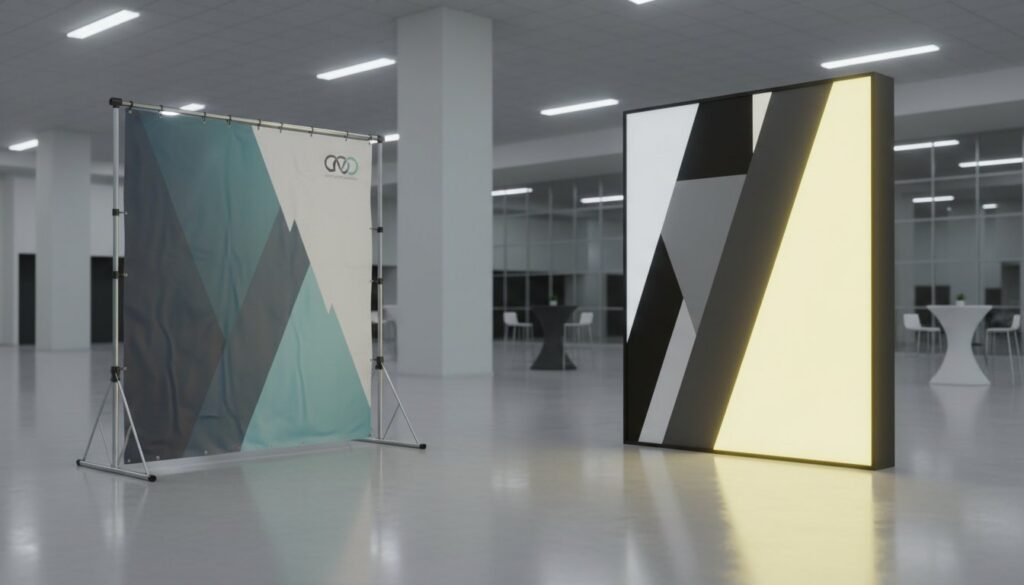 Portable SEG light box displays with backlit banners in modern office showroom setting