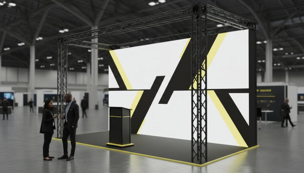 Modular SEG light box trade show booth with backlit graphics and aluminum frame structure at convention center