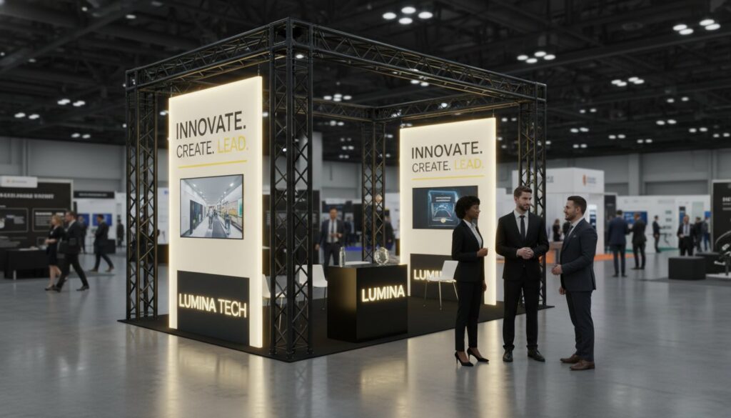 Modular trade show display with backlit SEG light box panels and aluminum truss frame at convention center