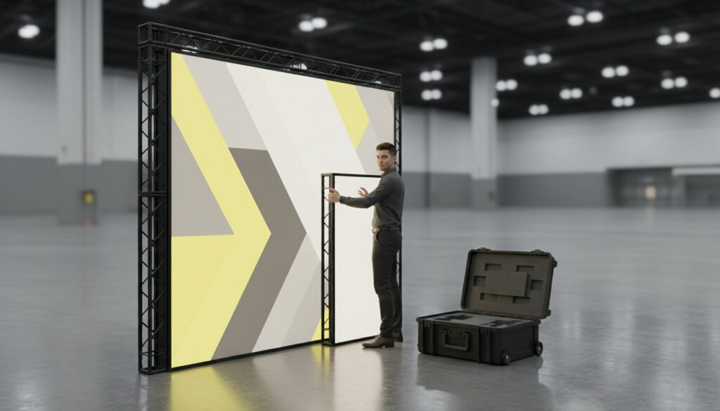 Portable SEG light box display with modular frame and backlit banner in convention center with wheeled travel case