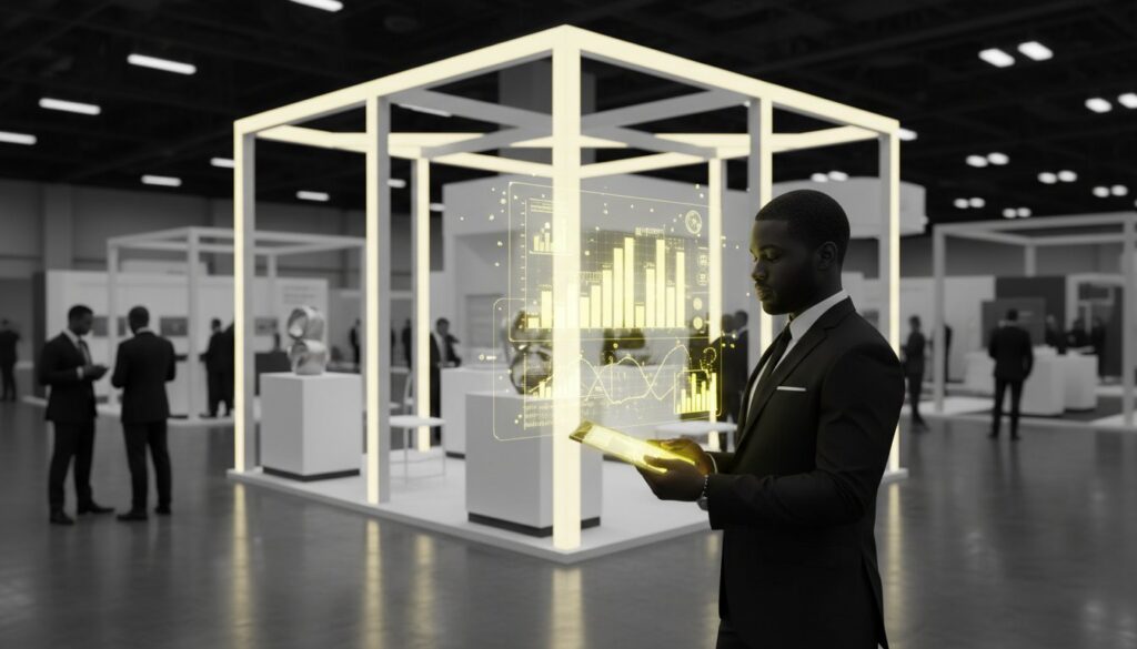 Professional using portable trade show display with backlit graphics and digital data visualization at exhibition