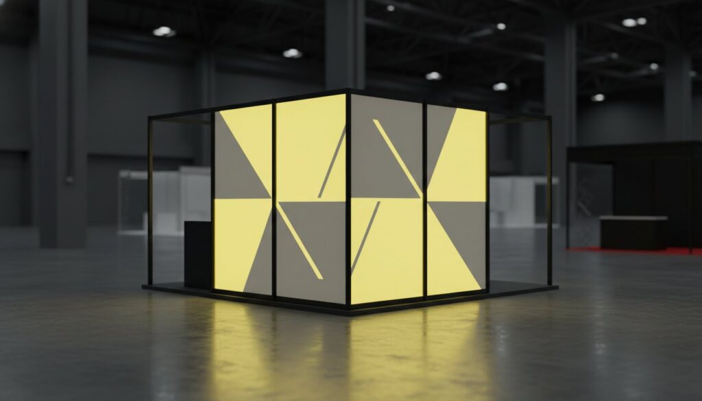 Modular SEG light box booth with backlit geometric pattern in yellow and gray at trade show venue