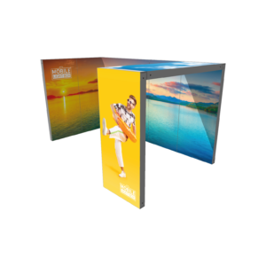 Modular SEG light box booth with backlit fabric graphics creating illuminated portable trade show display structure