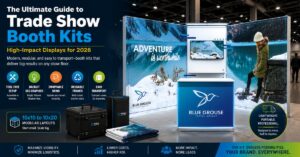 Hero image showing a complete modular trade show booth kit with internally backlit SEG walls, branded counter, monitor display, wheeled transport cases, and folded graphic skins, highlighting tool-free setup, reusable frames, swappable graphics, easy transport, and high-impact visibility for 2026 trade shows.