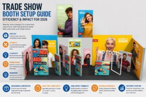 Trade show booth setup guide image showing modular backlit displays, tool-free frame assembly, organized booth components, and setup steps for efficient high-impact exhibiting in 2026.