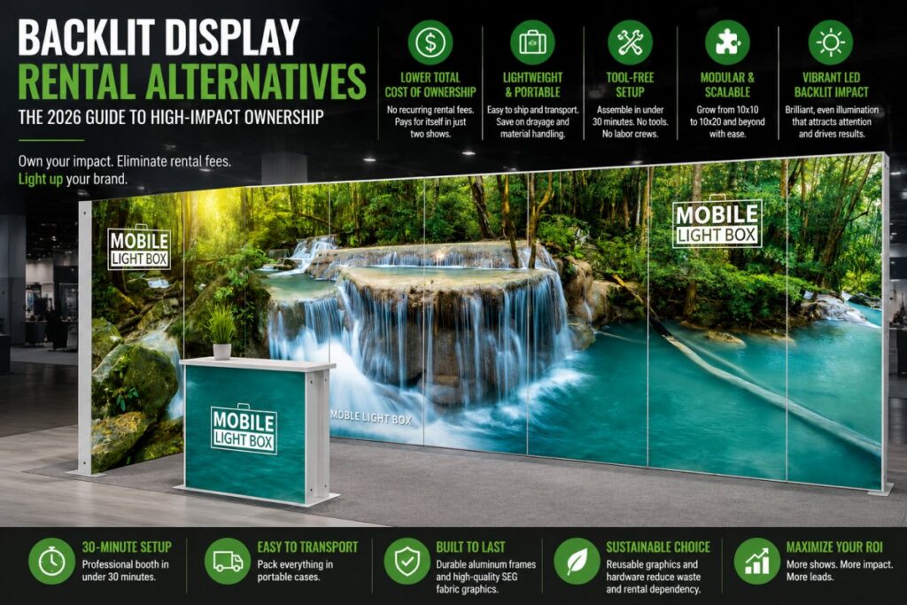 Modular backlit trade show display with SEG light box panels featuring tropical waterfall graphics and branded counter