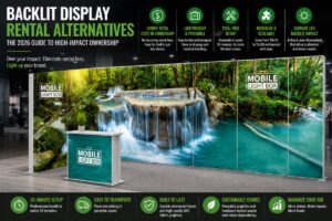 Modular backlit trade show display with SEG light box panels featuring tropical waterfall graphics and branded counter