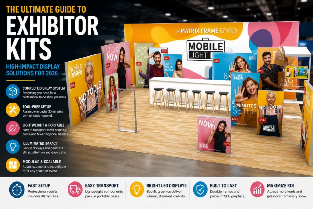 Modular SEG light box trade show booth display with backlit banners, counter, and promotional graphics