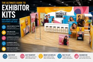 Modular SEG light box trade show booth display with backlit banners, counter, and promotional graphics