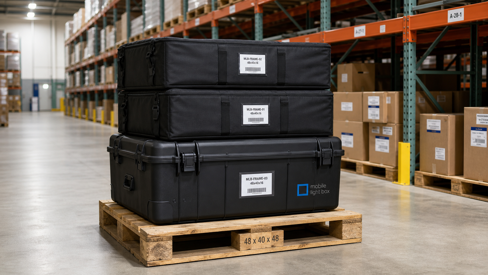 Mobile Light Box display frame cases neatly stacked on a pallet in a clean warehouse aisle, illustrating secure storage service at the Mobile Light Box Palm City facility.