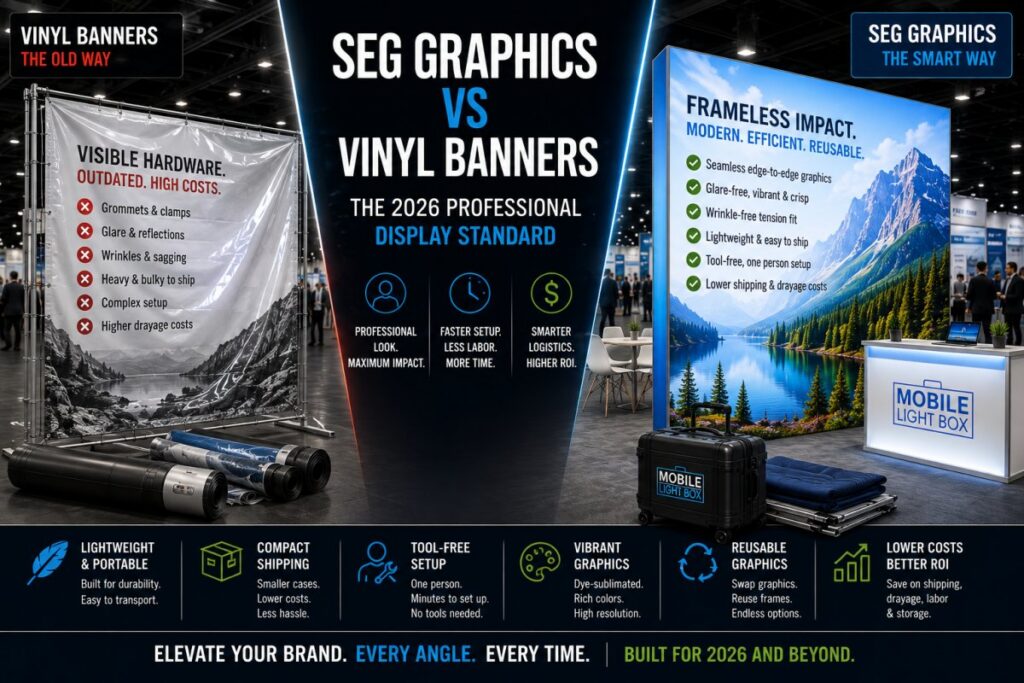 SEG Graphics vs Vinyl Banners: The 2026 Professional Display Standard