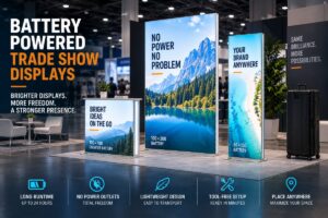 Hero image showing battery-powered trade show displays in 50x150, 100x200, and 100x100 counter formats with low-profile flat bases, backlit SEG graphics, cordless placement, rolling transport case, and feature callouts for no power outlets, lightweight transport, tool-free setup, and flexible booth positioning.