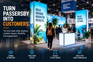 Hero image showing a bright modular trade show booth with backlit SEG light box towers, illuminated counter, tropical booth graphics, attendee engagement, and feature callouts for grabbing attention, tool-free setup, scalable booth layouts, and long-term display value.